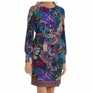 London Times Vibrant Floral Long Sleeve Dress Purple and Green Size 14